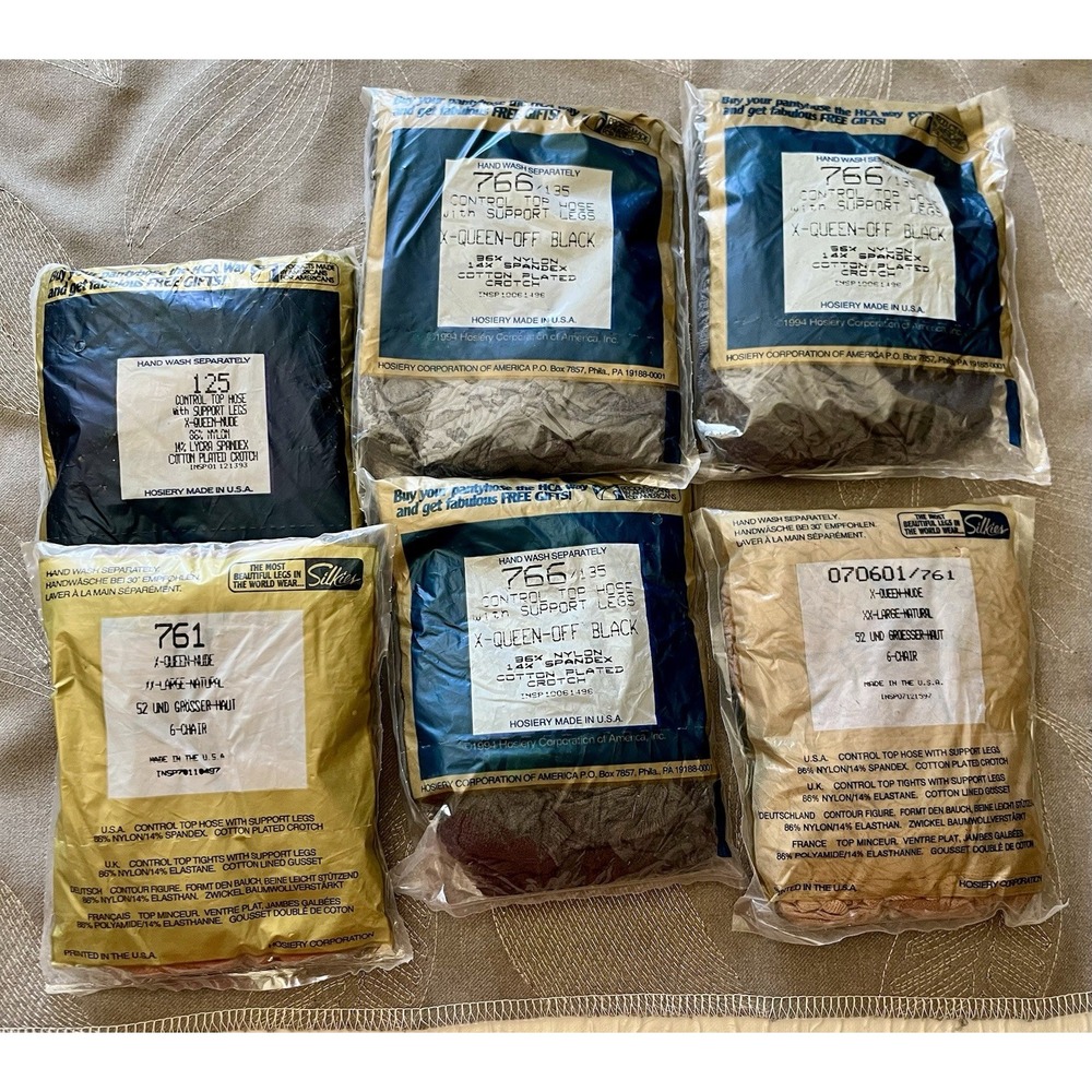 Vintage Silkies Control Top Pantyhose Lot of 6 Nude Black X-Queen XX-Large USA